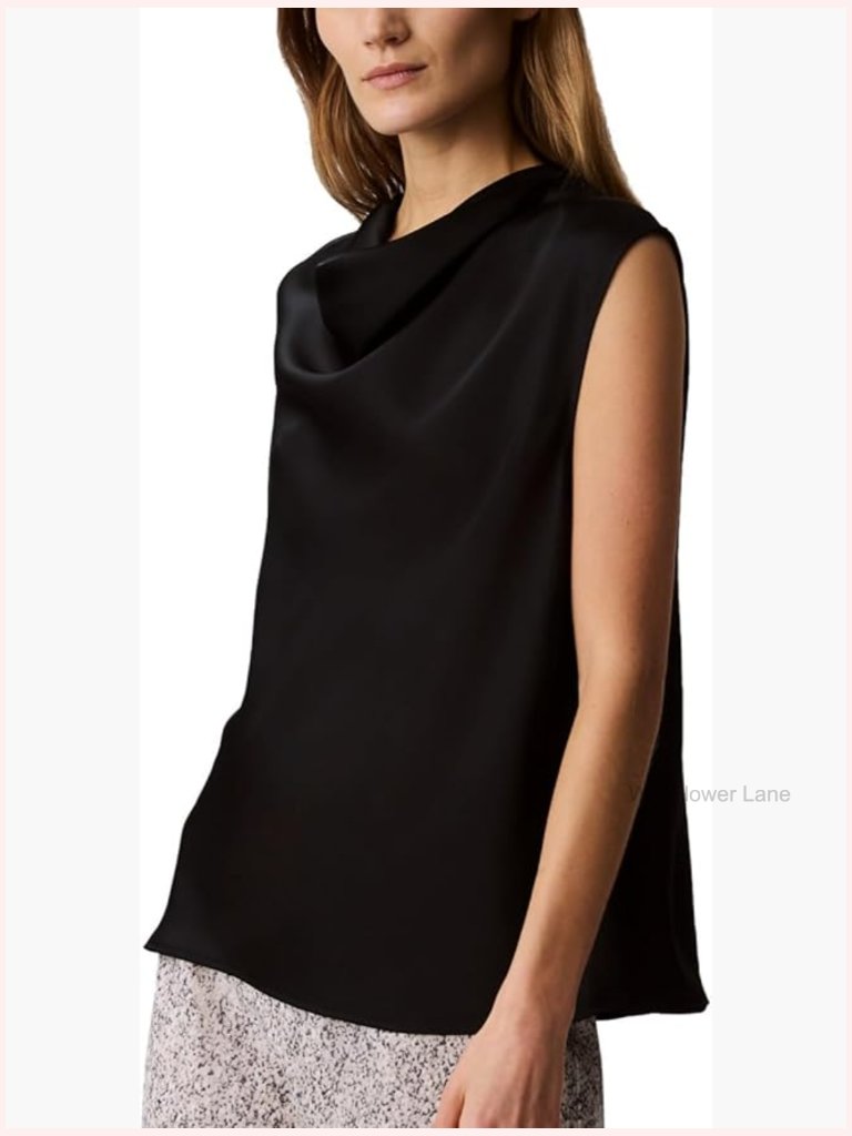 Satin Cowl Neck Blouse Short Sleeve Back Zipper Classic Fit
